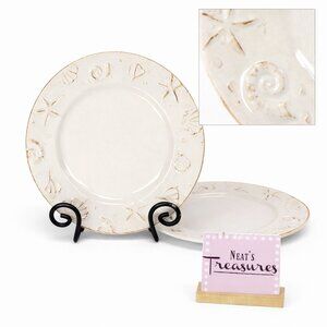 Thomson Pottery HAMPTON Seashells Embossed  Rustic Off White Dinner Plates Set 2
